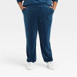 Ava & Viv Women's Velour Lounge Pants 3X Navy Blue Elastic Waist Joggers NWT